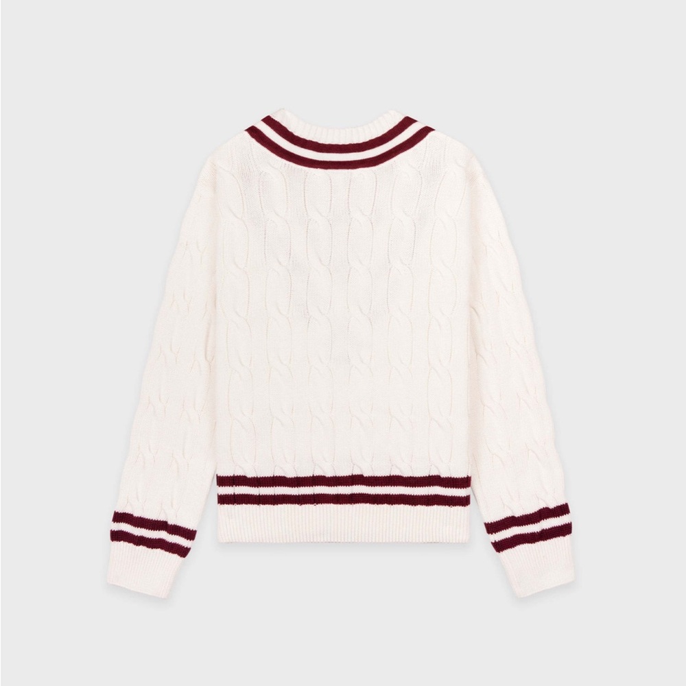 Sporty and rich Women's V-Neck Cable Knit Sweater - White and Red - Picture 4 of 12